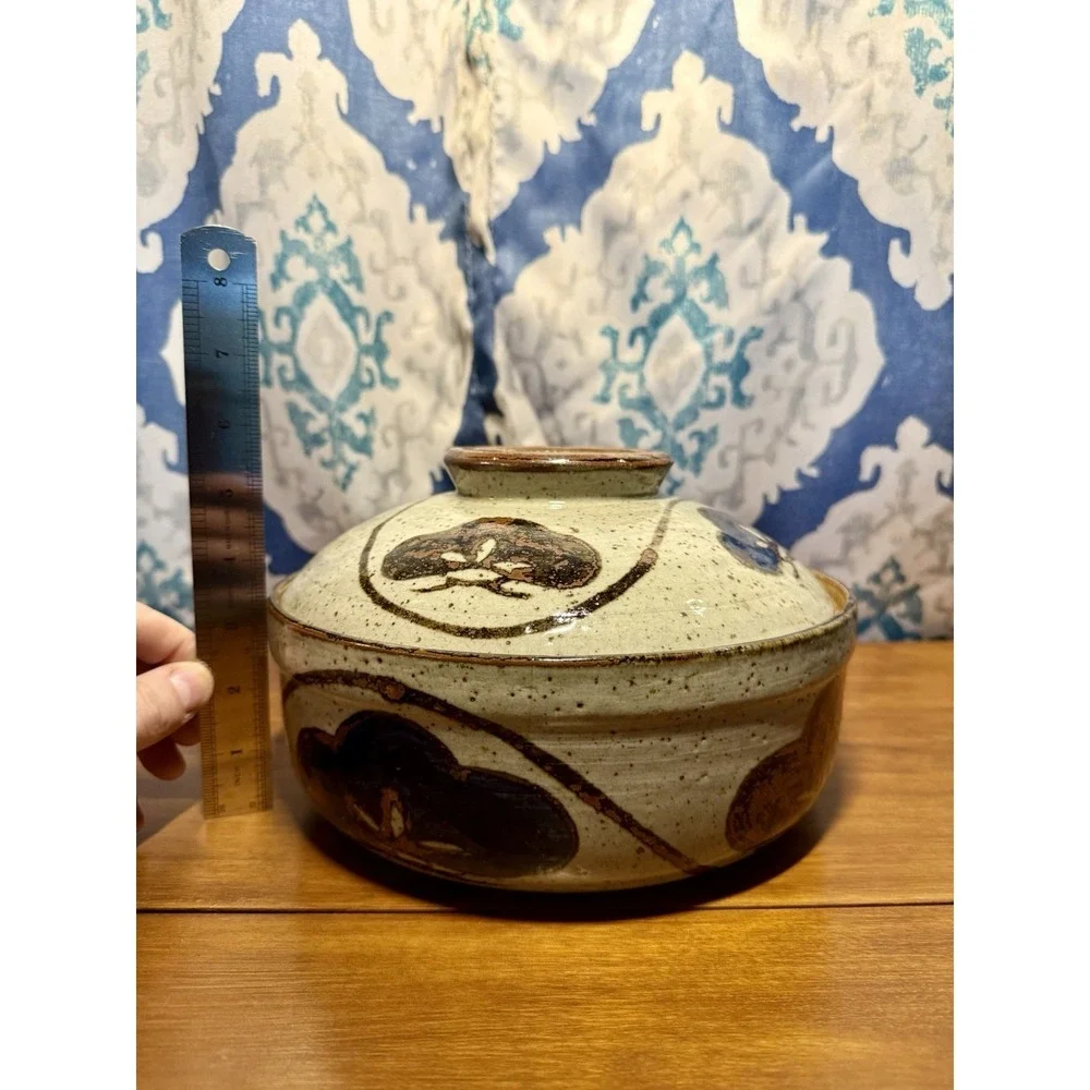 Vintage MCM Otagiri Japanese Blue and Brown Stoneware Lidded Casserole Dish‎